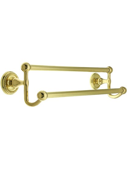 18 inch Brass Double Towel Bar with Rope Rosettes in Polished Brass.